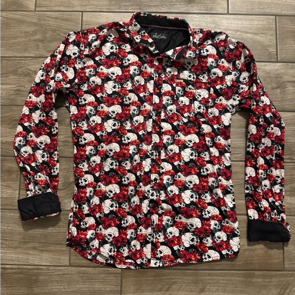 Public record Stylish Skull and Rose Print button down Shirt large Halloween